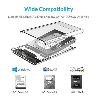 Clear 2.5 Inch SATA SSD HDD Enclosure - USB 3.0 Type-C External Hard Drive Case with UASP Support