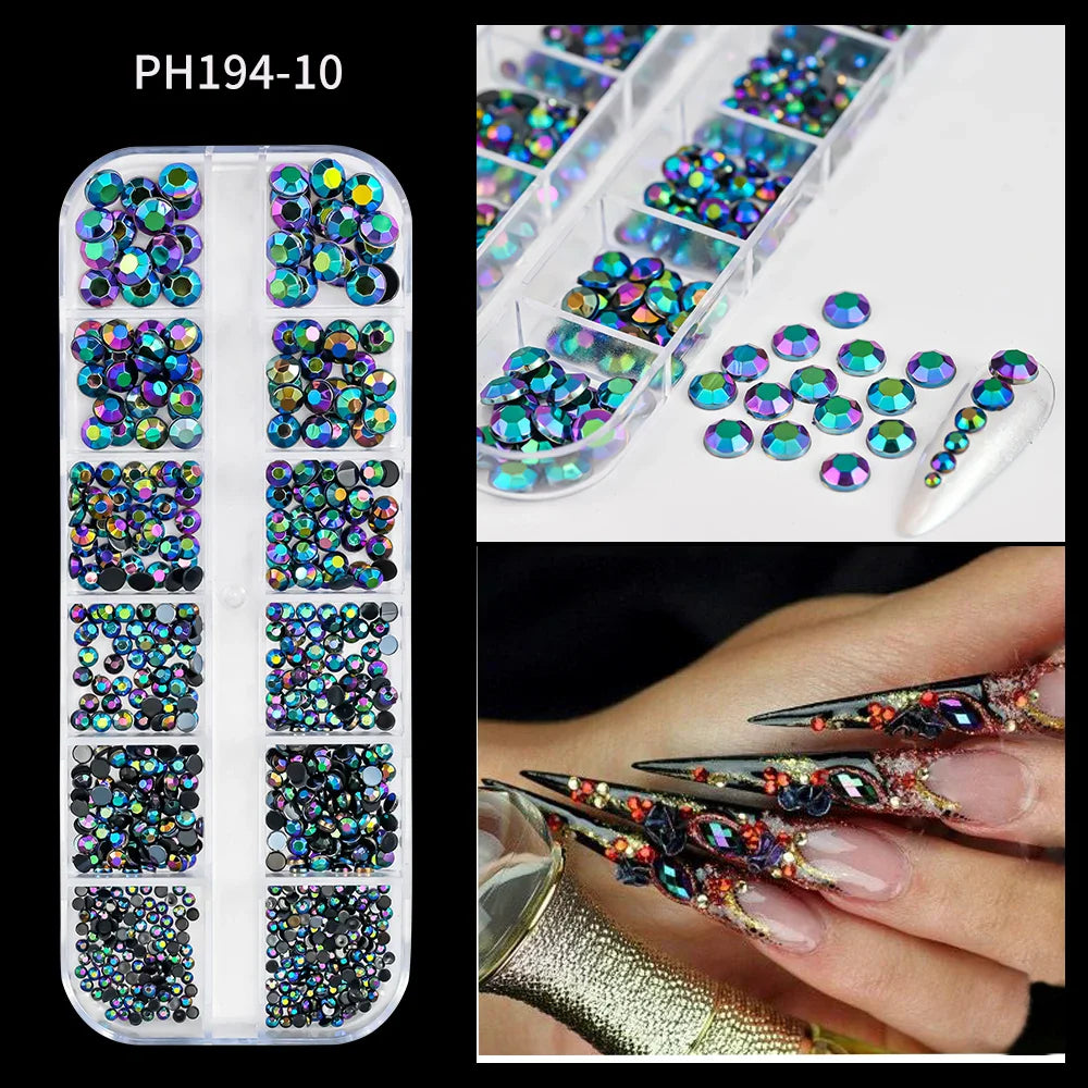 12-Grid 3D Glass AB Crystal Nail Art Rhinestones Kit – Flatback Round Beads with Tools for Nail Jewelry & Diamond Decoration