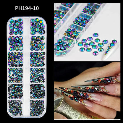12-Grid 3D Glass AB Crystal Nail Art Rhinestones Kit – Flatback Round Beads with Tools for Nail Jewelry & Diamond Decoration