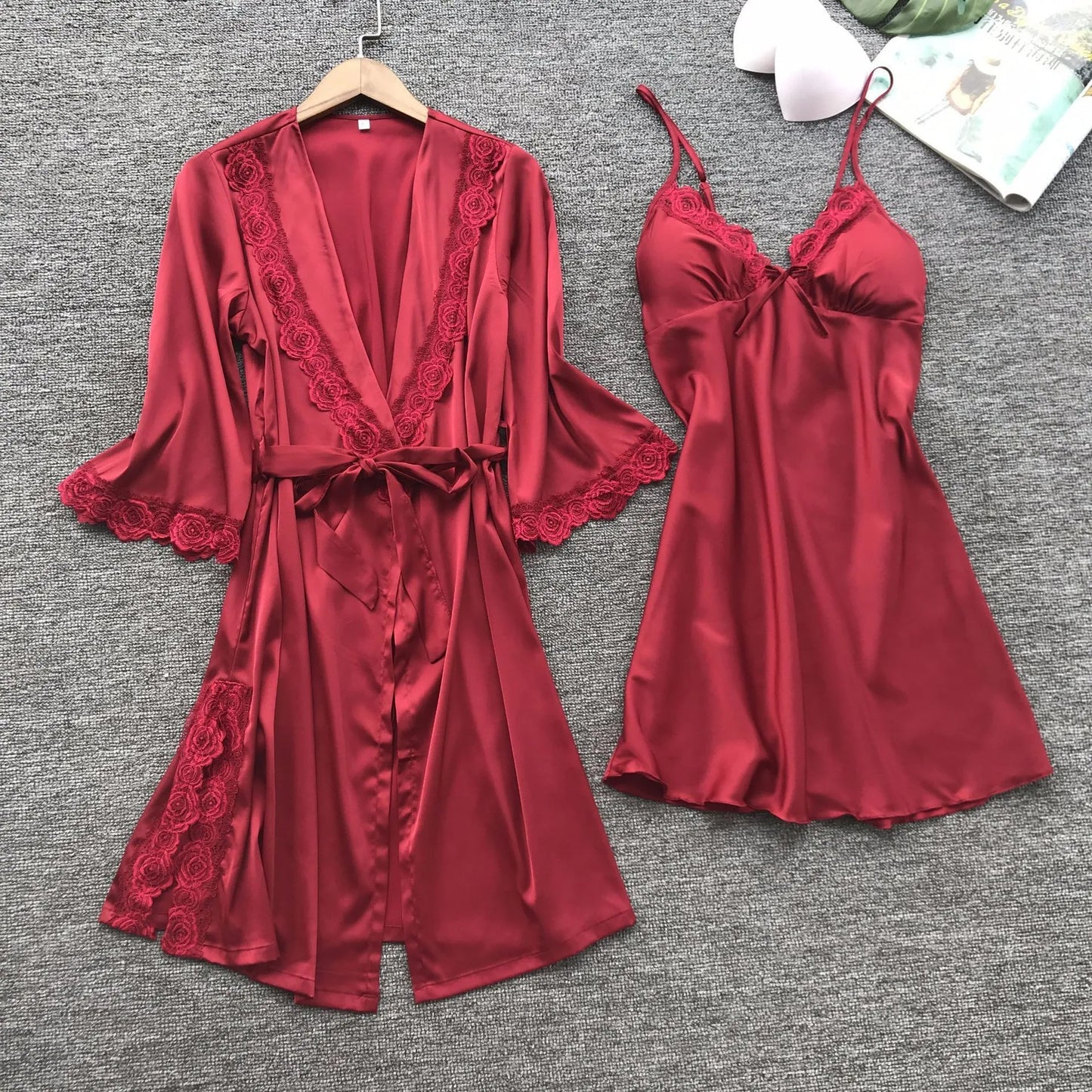 2PCS Satin Lace Pajamas Set - Elegant Female Sleepwear with V-Neck Lace Robe for Wedding Nightwear