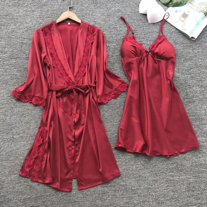 2PCS Satin Lace Pajamas Set - Elegant Female Sleepwear with V-Neck Lace Robe for Wedding Nightwear