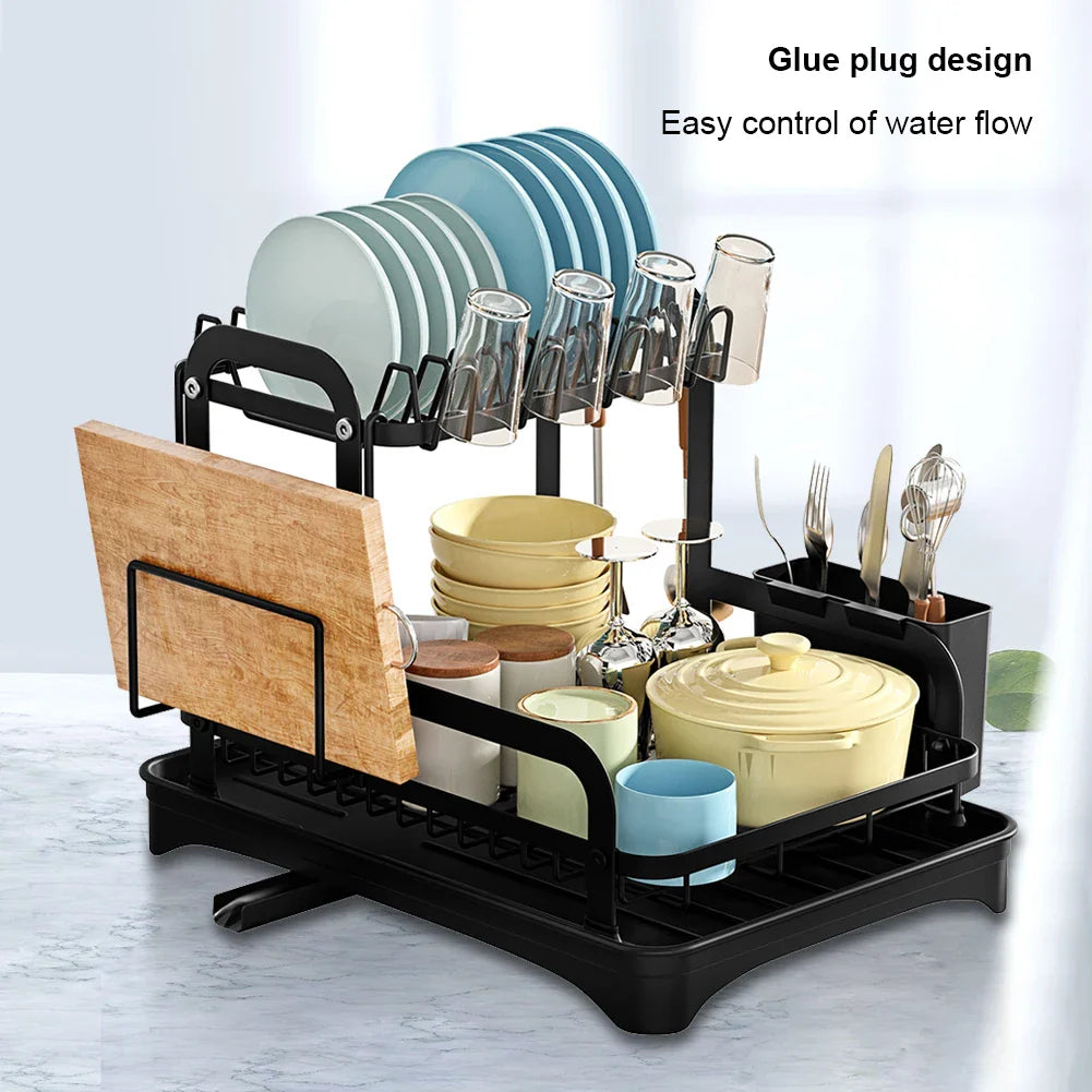 2 Tier Dish Drying Rack with Drain Basket - Kitchen Countertop Dinnerware Organizer | Dish & Bowl Drainer Storage Rack with Drainboard