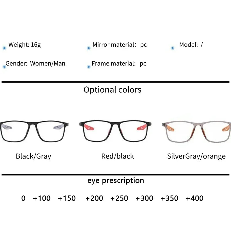 Unisex Ultralight Silicone TR90 Sports Reading Glasses – Blue Light Blocking High-Definition Square Prescription Eyewear