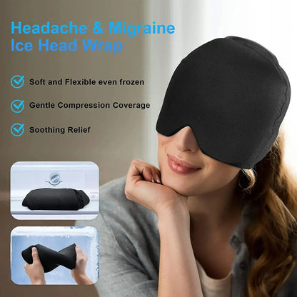 Ice Cap Migraine Head Wrap – Hot & Cold Gel Hat with Extra Top Gel, Light-Blocking Relief for Headaches