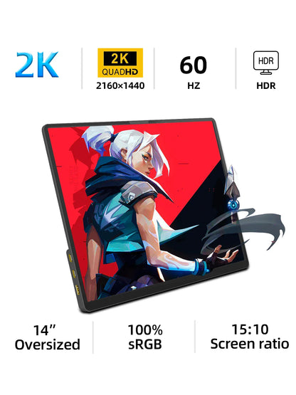 ZSUS 14" 2K Portable Monitor – 2160x1440 60Hz Display for Laptop, Xbox, PS4/5, Switch & PC
