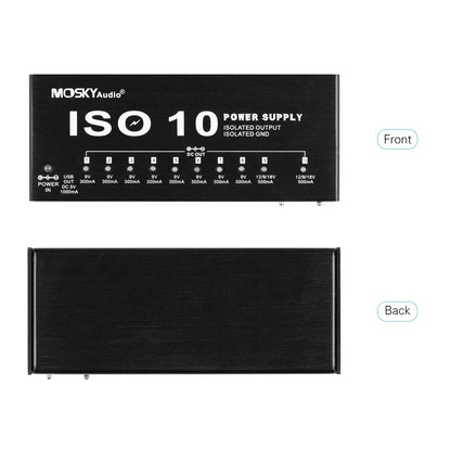 MOSKY ISO 10 Guitar Effect Pedal Power Supply – 10 Isolated DC Outputs, 5V USB Output, 9V 12V 18V Protection for Guitar Accessories