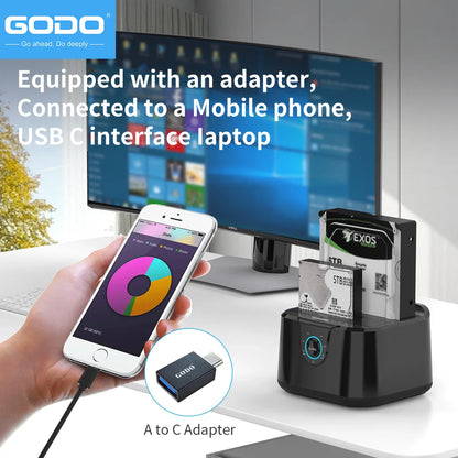 GODO Dual Bay USB 3.0 Hard Drive Docking Station – SATA 2.5"/3.5" HDD & SSD Enclosure with LED Indicator and Fast Data Transfer