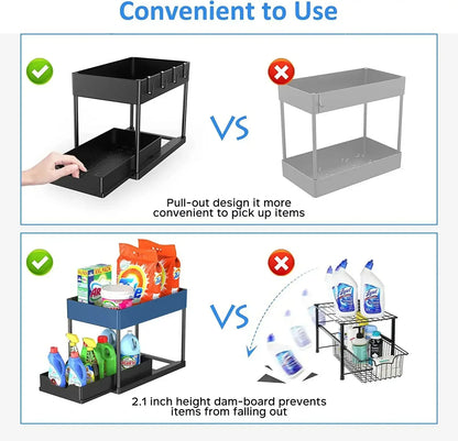 2-Tier Under Sink Sliding Cabinet Organizer — Basket Storage Rack with Hooks for Bathroom & Kitchen
