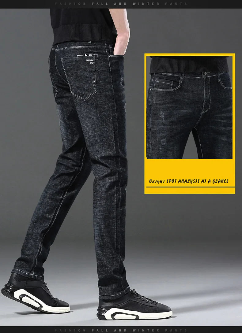 Men’s Casual Comfortable Jeans – Straight Loose Fit High Waist Elastic Trousers for All Seasons & Office Wear