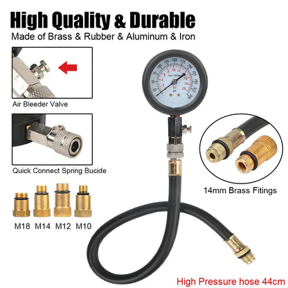Gasoline Engine Compression Meter - 0-300 PSI Pressure Gauge Automotive Cylinder Tester Kit with M10 M12 M14 M18 Adapters