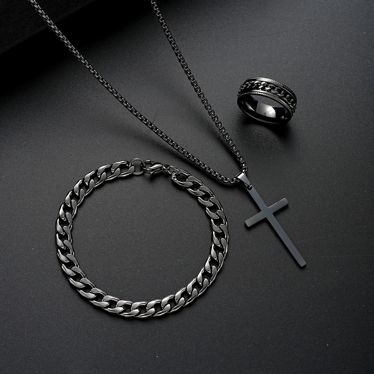 3-Piece Stainless Steel Jewelry Set – Men’s & Women’s Retro Bracelet, Necklace, Ring for Punk Hip Hop Fashion