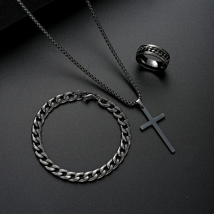 3-Piece Stainless Steel Jewelry Set – Men’s & Women’s Retro Bracelet, Necklace, Ring for Punk Hip Hop Fashion
