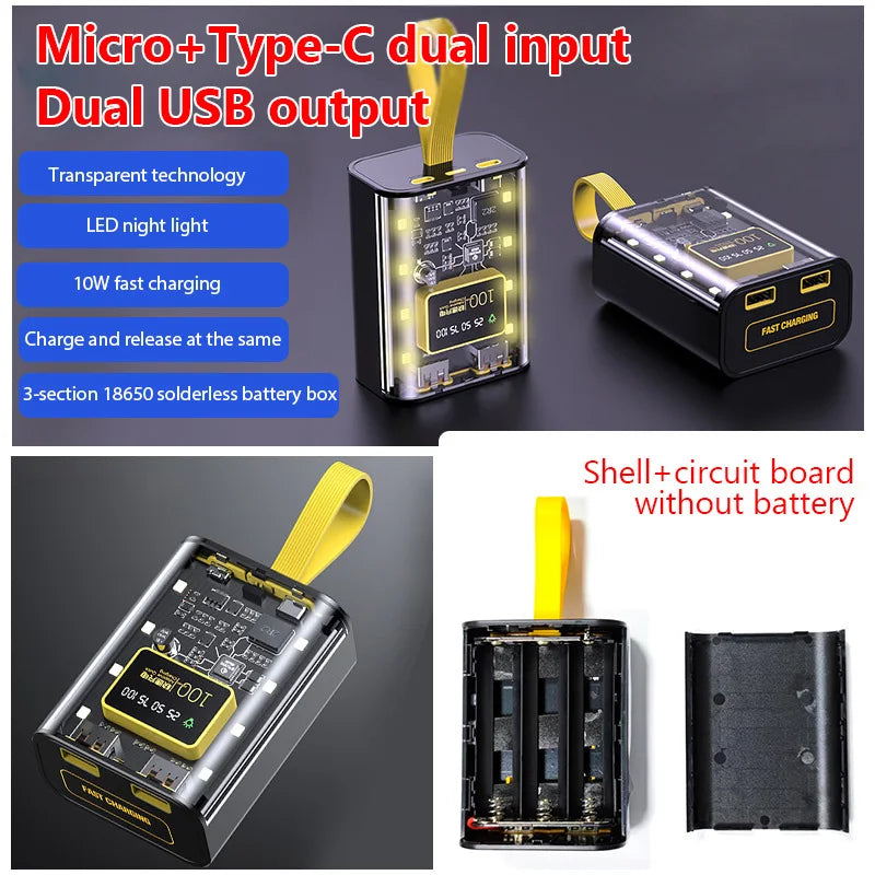 3x18650 Power Bank Battery Storage Case - Dual USB Charging, Night Light DIY Shell for iPhone, Xiaomi, and 18650 Batteries