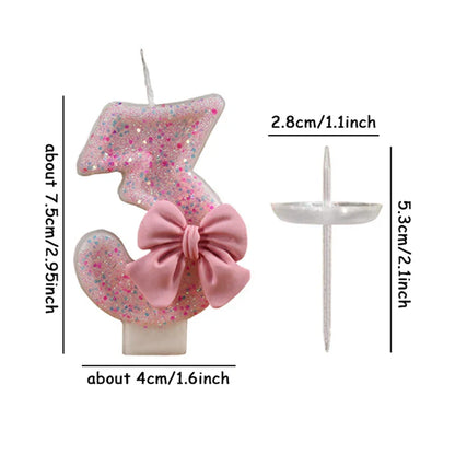 Glitter Pink 3D Number Cake Candles with Bow - Digital Cake Toppers for Birthday & Memorial Day Celebrations