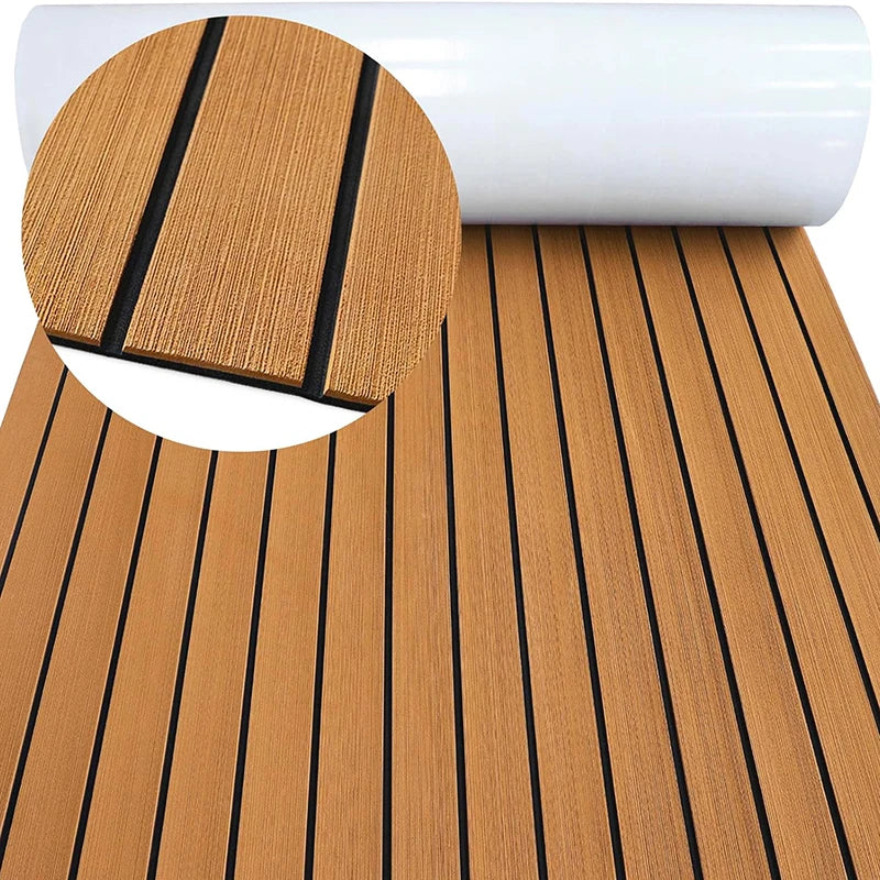 2400*450mm EVA Foam Faux Teak Boat Deck Mat – Waterproof Marine Flooring for Yachts, Motorboats & Pontoons in Brown/Black