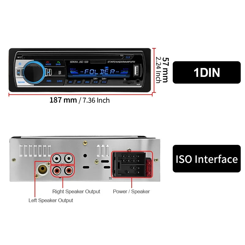 1 Din Car Radio Stereo - Bluetooth MP3 Player with FM Radio, USB, AUX Input & Digital Audio System