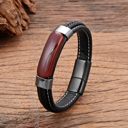 Natural Hematite & Pink Tiger Eye Stone Bracelet – Handmade Braided Leather Men’s Jewelry Bangle 2022