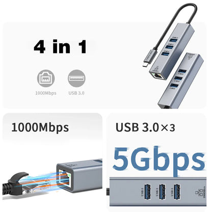 USB-C Hub Docking Station – Type C to RJ45 1000Mbps Ethernet Adapter, USB 3.0 Hub, 100W Charging Dock