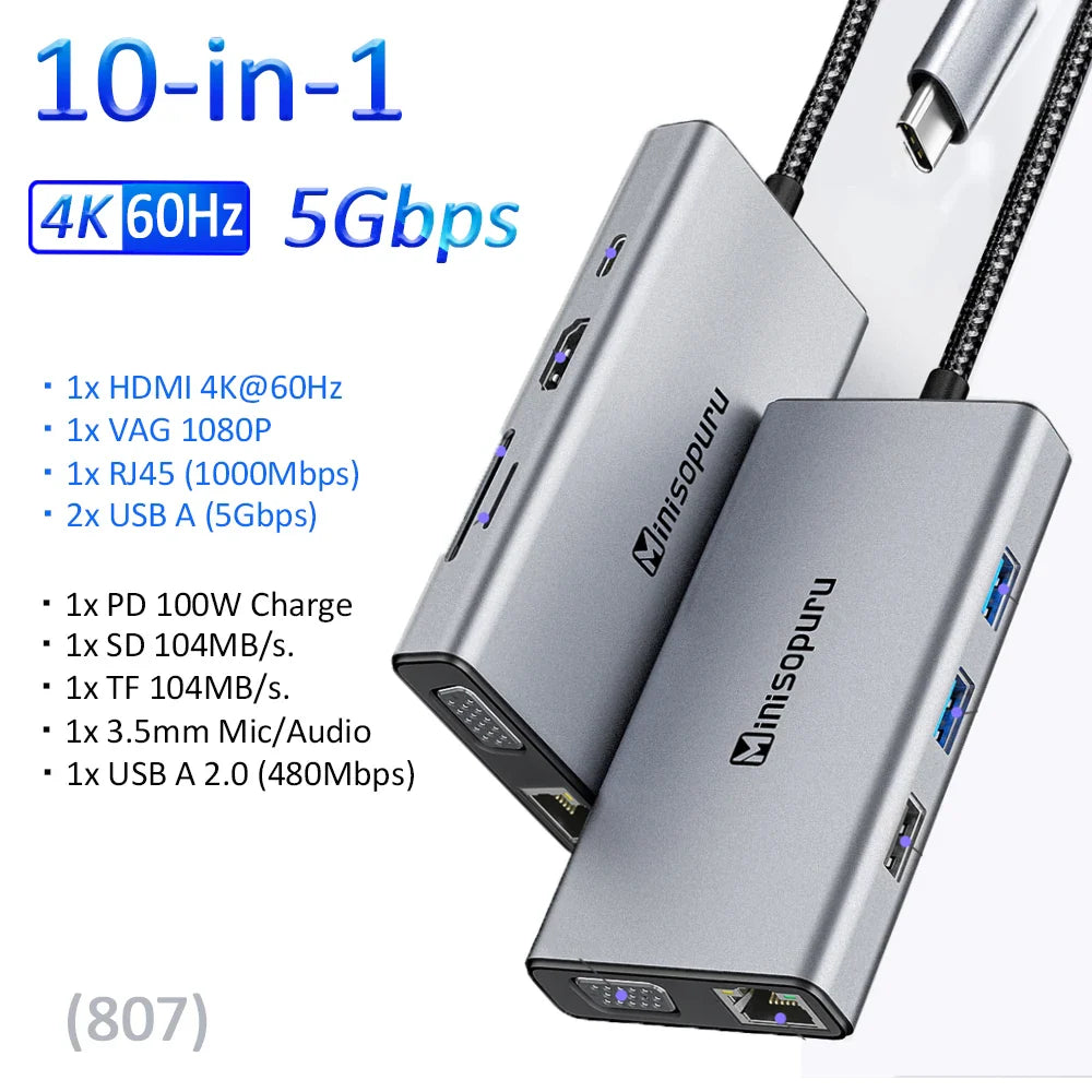 Minisopuru USB C Hub 10Gbps – USB 3.2 Type-C to USB Adapter with 100W PD for MacBook Pro, iMac & PC Accessories