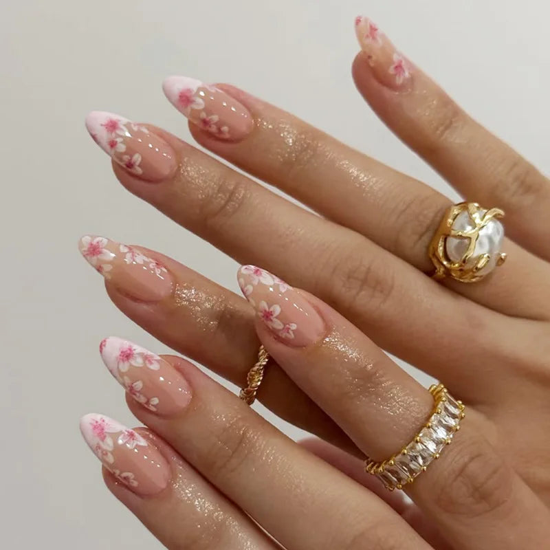 24Pcs French Press On Nails - Almond Fake Nail Tips with Glue, White Edge Design & Pink Stiletto Style Manicure Set