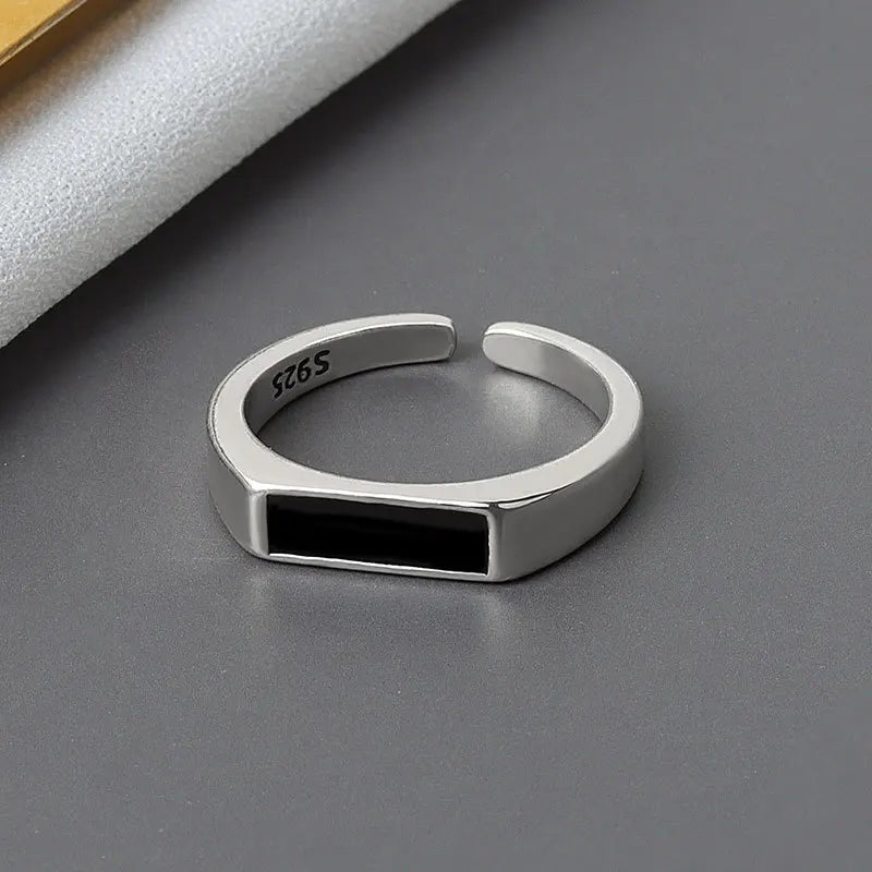 CIAXY Geometric Black Rectangular Ring - Adjustable Unisex Silver-Tone Fashion Jewelry