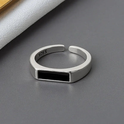 CIAXY Geometric Black Rectangular Ring - Adjustable Unisex Silver-Tone Fashion Jewelry