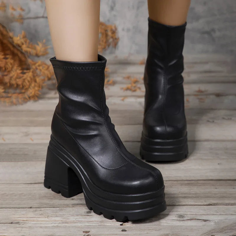 Women’s New Fashion Short Boots – Sexy Leather, Square Toe, Zipper High Heels, Casual Thick-Soled Shoes Zapatos