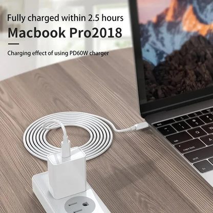 PD 60W USB-C to USB Type-C Fast Charge Data Cable – Compatible with iPhone 15, Huawei, Samsung, Xiaomi, 1M/2M/3M in Black & White
