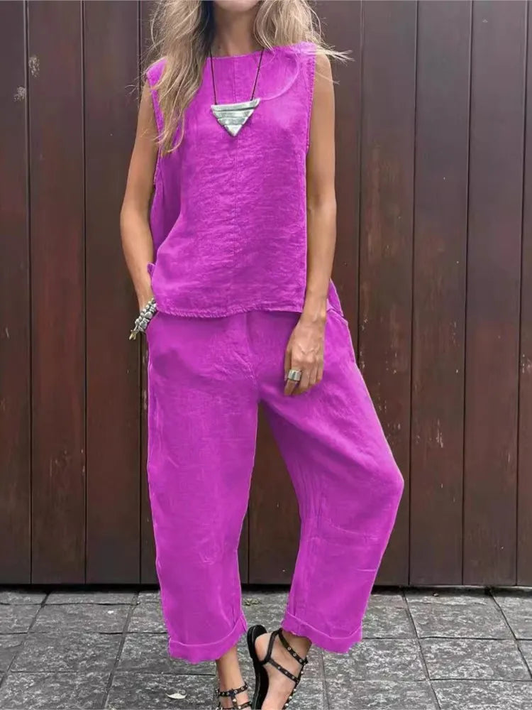 Women Summer Cotton Linen 2-Piece Set – Sleeveless Solid Color Top & Trousers Casual Fashion Outfit Suit
