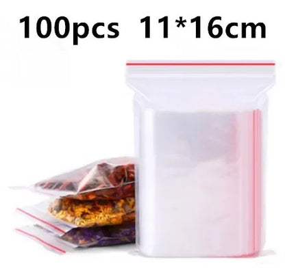 100pcs 50 Micron Clear PE Zip Lock Bags – Reclosable Plastic Pouches for Candy, Cookies & Dried Fruits
