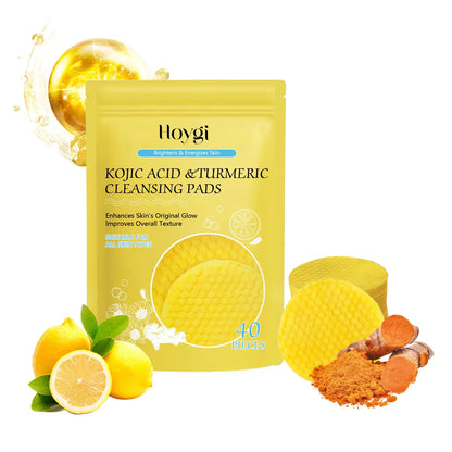 Turmeric & Kojic Acid Facial Cleansing Pads — Lemon Deep Cleanse, Brightening & Whitening Cotton Pads for Face Skincare