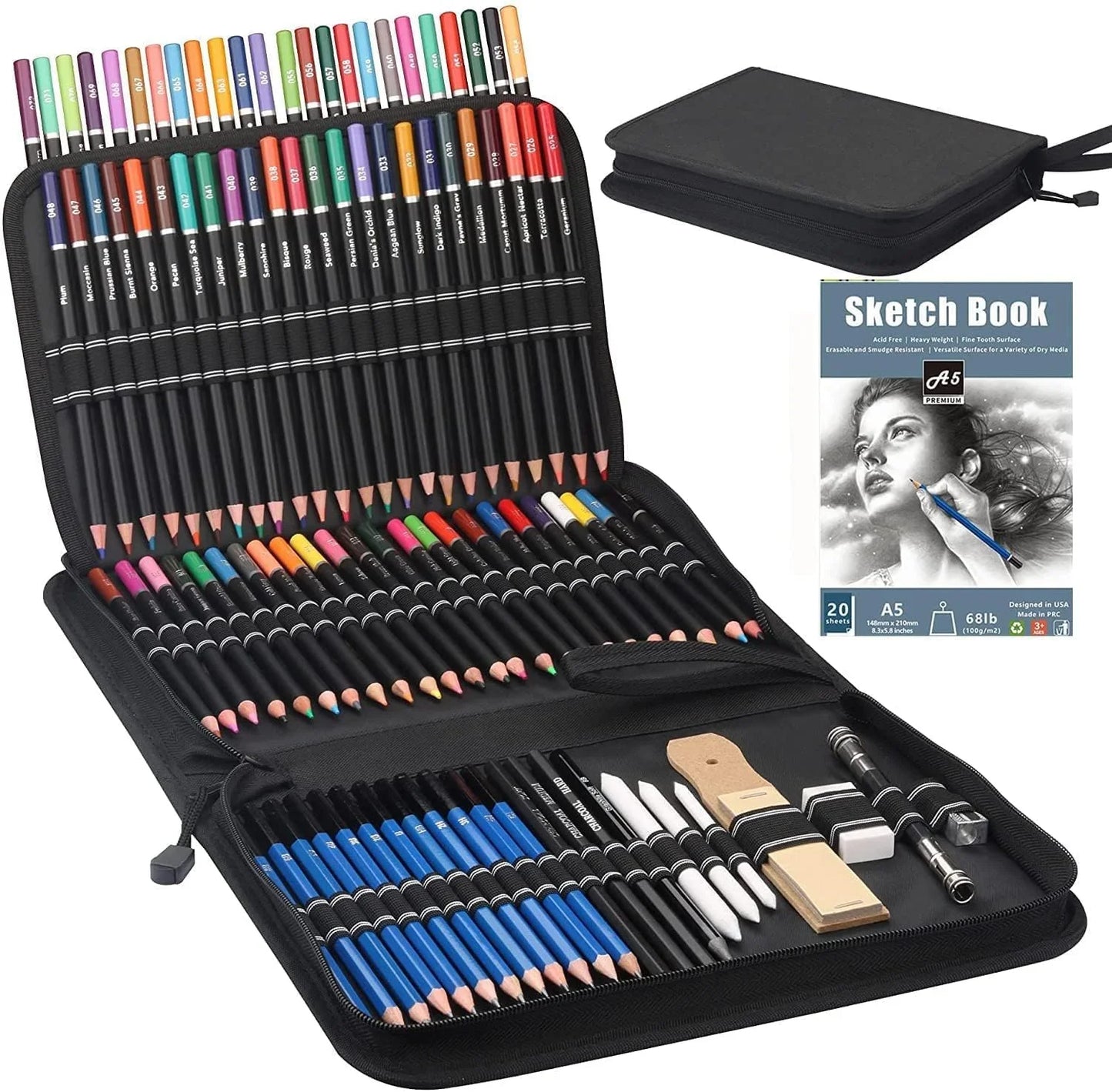 Drawing & Sketching Kit 20/54/58/70/144PCS – Portable Travel Case with Graphite, Charcoal, White Color Pencils & Blending Stump
