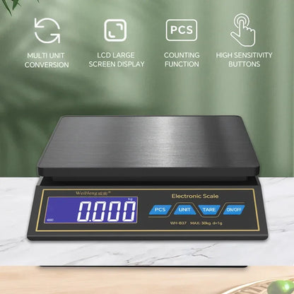 LCD Digital Kitchen Scale 30kg/1g – Rechargeable Stainless Steel Precision Electronic Weighing Scale for Food, Baking & Jewelry