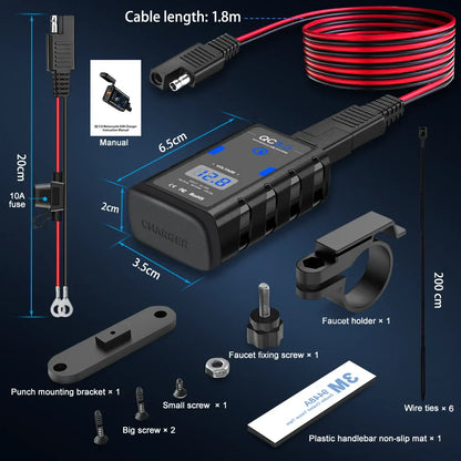 Anchtek 6.4A 12V Motorcycle USB Charger — QC3.0 + Type-C PD Fast Power Socket