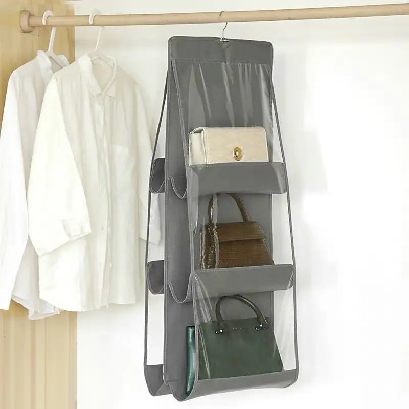 6-Pocket Hanging Handbag Organizer – Gray Waterproof Storage Bag with Hanger for Closet, Door & Wall