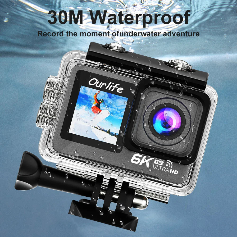 6K 4K60FPS Action Camera – 50MP Dual Screen, 2.0" Touch LCD, EIS, WiFi, 170° Lens, 30M Waterproof, 5X Zoom with Remote