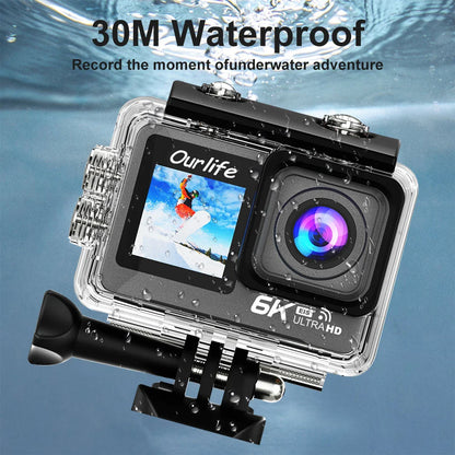 6K 4K60FPS Action Camera – 50MP Dual Screen, 2.0" Touch LCD, EIS, WiFi, 170° Lens, 30M Waterproof, 5X Zoom with Remote