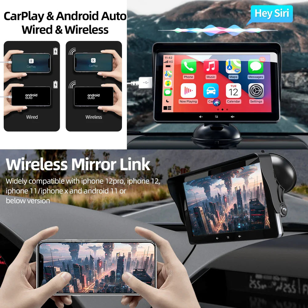 Grandnavi 7-Inch Car Multimedia Player – Wireless CarPlay & Android Auto Portable Touch Screen Universal Car Radio Video System