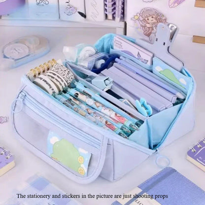 Large Capacity Multi-Compartment Pencil Case Organizer – Desktop School & Office Storage Bag in Pink, Purple & Black