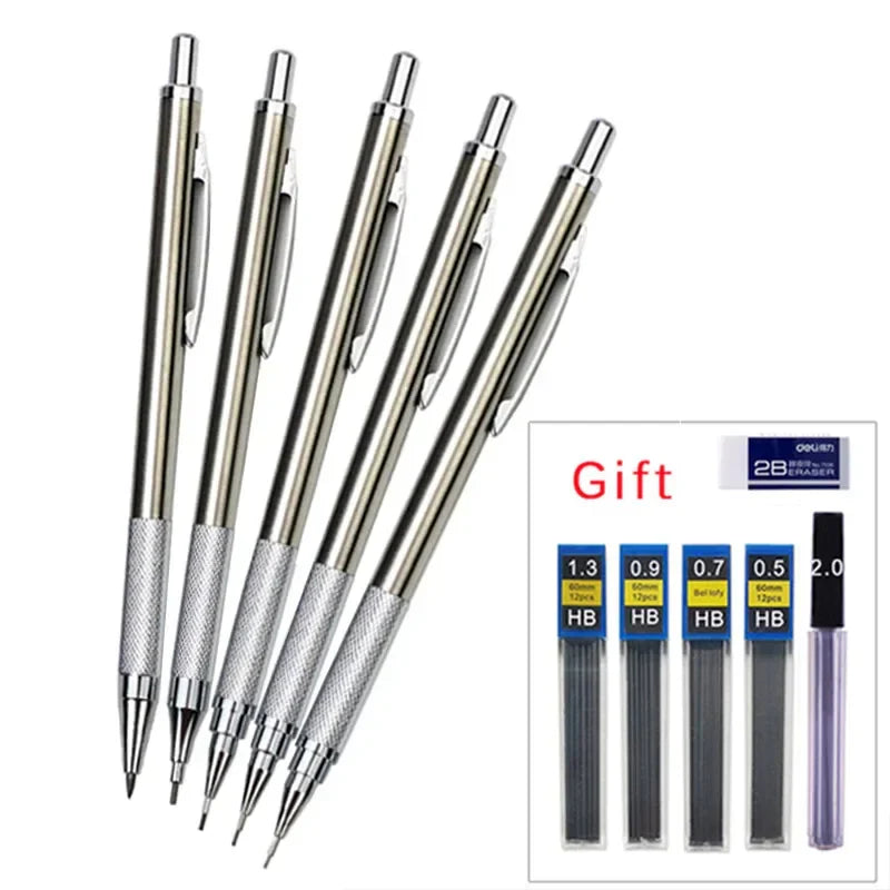 Full Metal Mechanical Pencil Set — 0.3–2.0mm Automatic Pencils for Art, Drawing & School