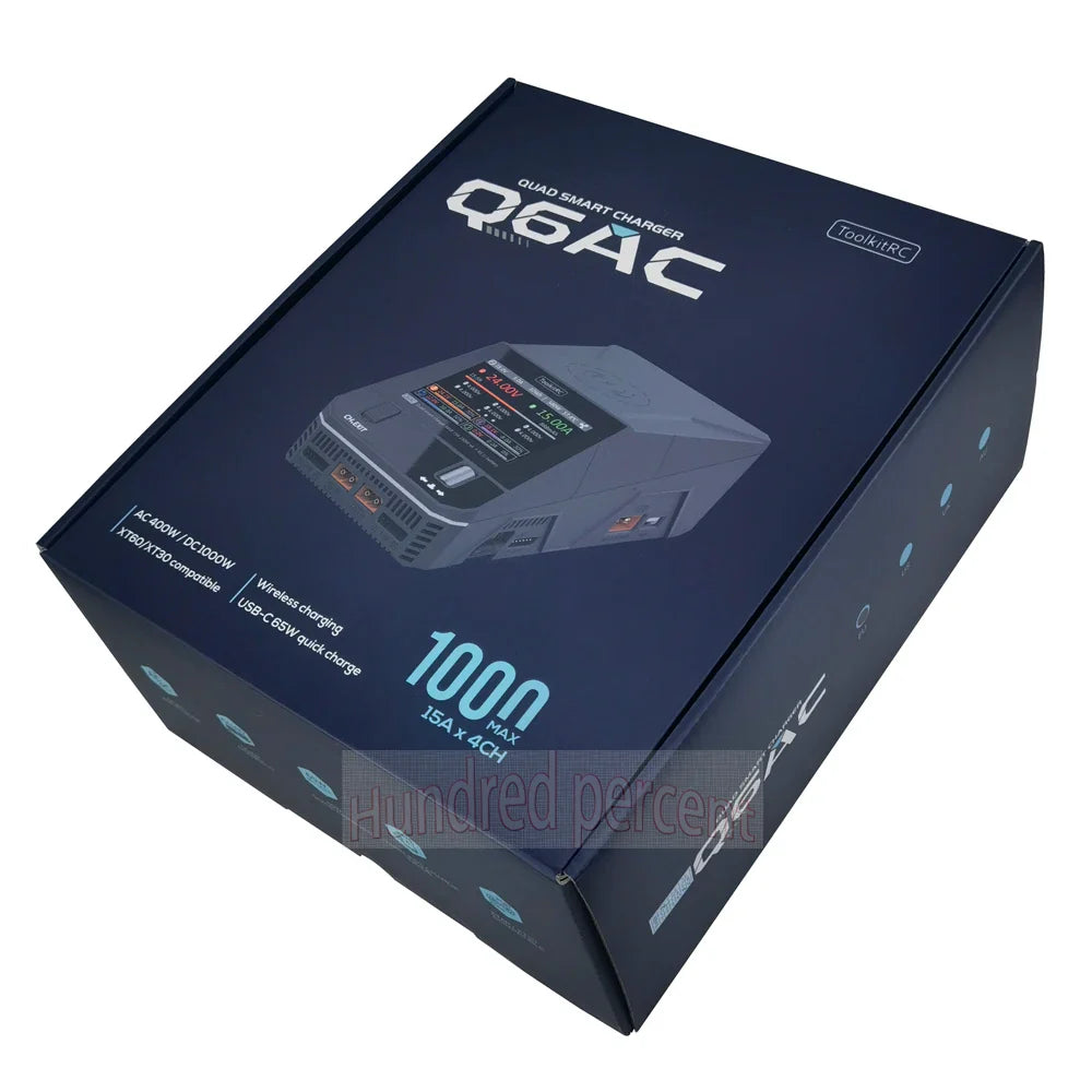 ToolkitRC Q6AC Charger — AC 400W/DC 1000W 4CH with USB A/Type-C, LiPo 1-6S, NiMH 1-16S, PB 1-10S, IPS Display
