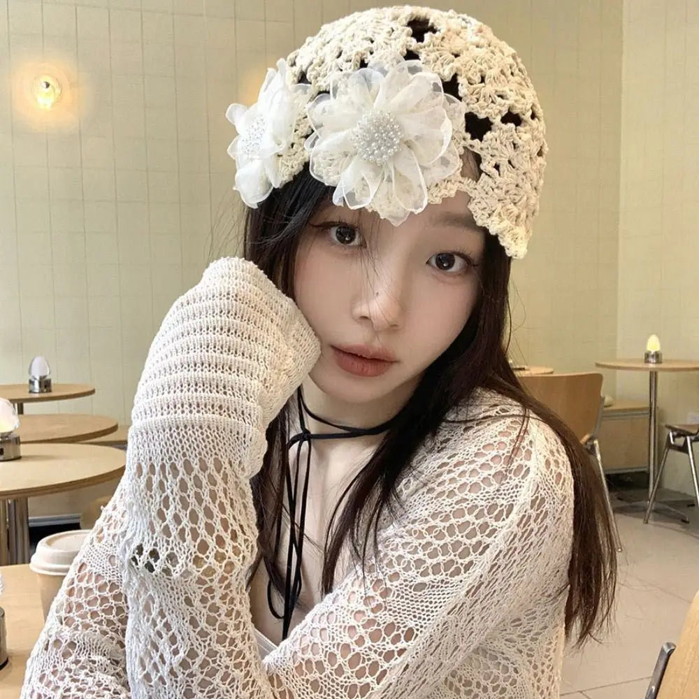 Autumn Winter Knitted Beret – Hollow Lace Flower Fashion Skullies Hat for Women, Casual Bonnet Cap