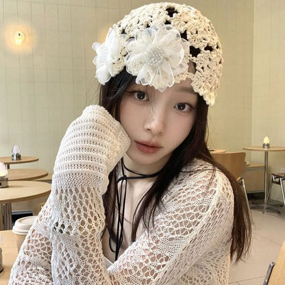Autumn Winter Knitted Beret – Hollow Lace Flower Fashion Skullies Hat for Women, Casual Bonnet Cap
