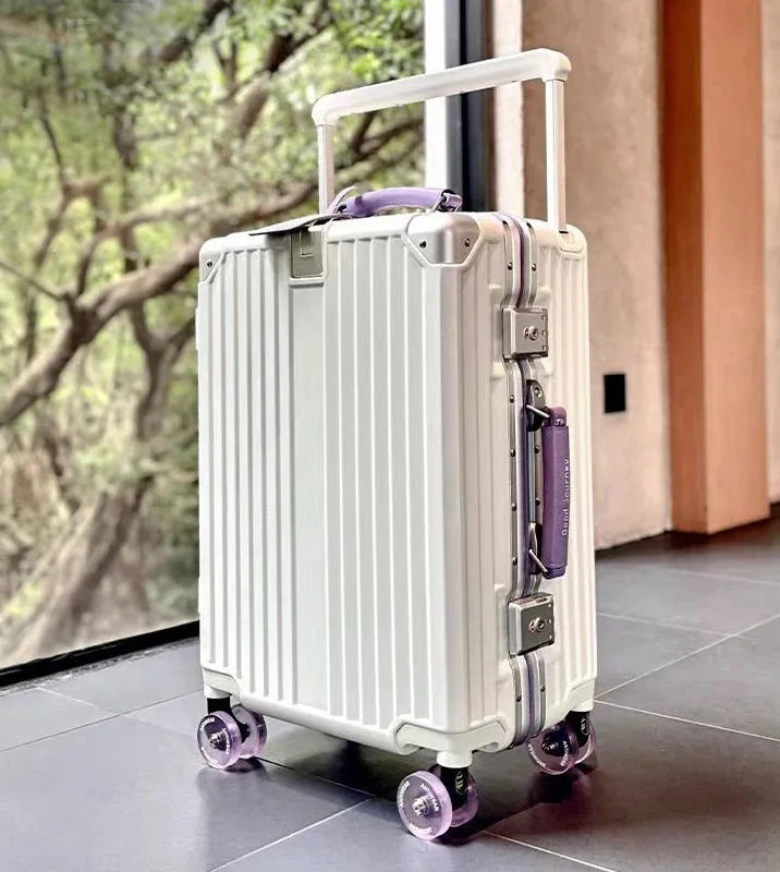 Aluminum Frame Rolling Luggage — Wide Handlebar Trolley Suitcase with Colorful Silent Spinner Wheels, TSA Lock & Large Capacity