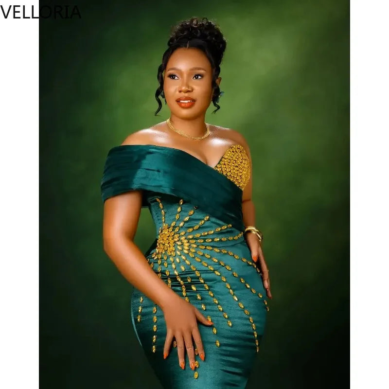 African Emerald Green Off-Shoulder Mermaid Evening Dress – Gold Beaded Bodycon Party Gown Plus Size Formal Wedding Dress