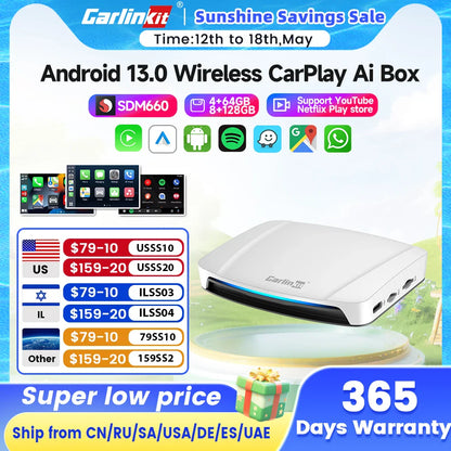 8+128GB Carlinkit TV Box — Android 13 Wireless CarPlay & Android Auto Adapter, 8-Core Qualcomm, HDMI