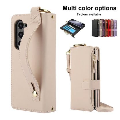 Crossbody Leather Wallet Case with Card Slots, Zipper & Kickstand for Samsung Galaxy Z Fold 3/4/5/6 – Wristband & Ring Holder