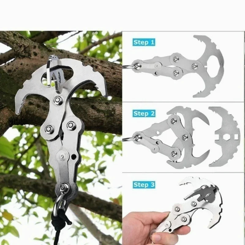 Multifunctional Folding Grappling Hook: Stainless Steel Survival Outdoor Climbing Claw Carabiner - Essential Camping Gear EDC Multitool