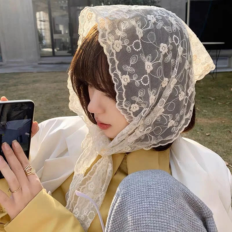White Woven Floral Lace Hair Scarf Wrap – Retro Triangle Headscarf, Travel & Photo Hat, Hair Accessories for Women