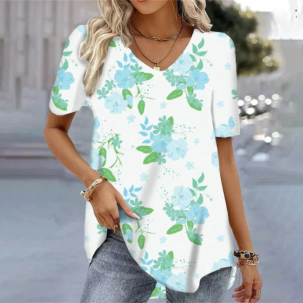 3D Floral Print T-Shirt - Women's Harajuku Casual Loose Fit Summer Crewneck Top